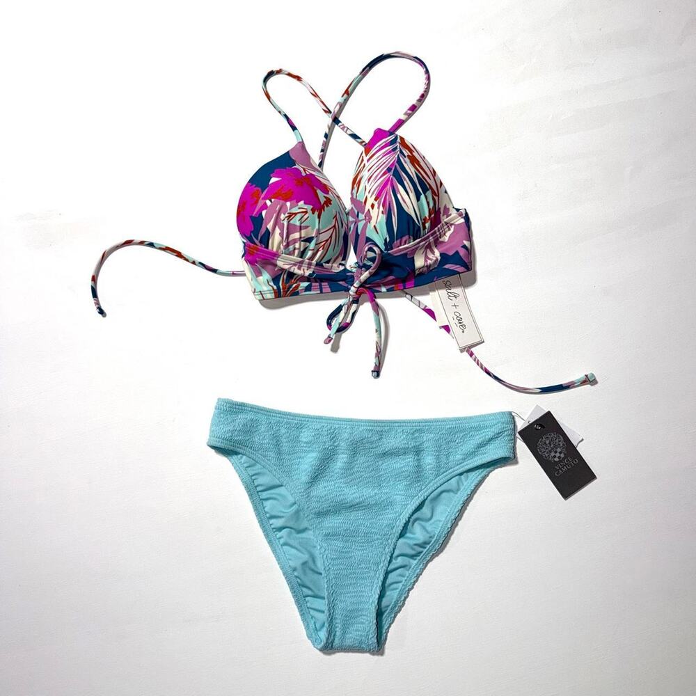 Salt + Cove bikini top with Vince Camuto multicolored floral and leaf print top